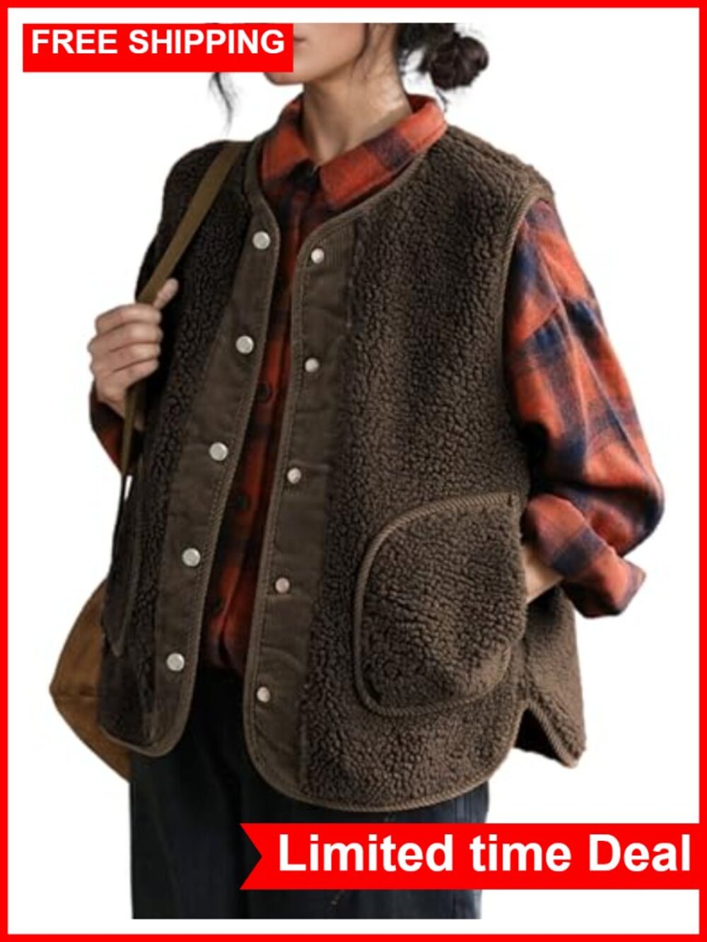 Womens Fleece Vest Button Down Sherpa Sleeveless Jacket Pockets
